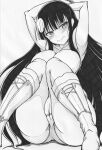  1girl amazing-black armpits arms_behind_head arms_up black_hair blush boots breasts highres ikaruga_(senran_kagura) jin_homuhomu_(artist) large_breasts long_hair looking_to_the_side monochrome no_bra panties senran_kagura simple_background sitting solo straight_hair thighs underwear white_background 