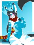 absurd_res anthro areola black_hair blue_stripes breasts canid canine chainilla claws dragon female genitals hair hi_res horn hybrid long_hair long_tail mammal nipples pussy scarf smile smiling_at_viewer solo stripes tail white_body 