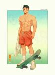  1boy abs absurdres bandaid bandaid_on_cheek bandaid_on_face bara bright_pupils expressionless full_body headband highres large_pectorals male_focus muscular muscular_male nipples original pectorals second-party_source shirt_removed short_hair sideburns skateboard solo standing stomach thick_eyebrows topless_male yun_shen 