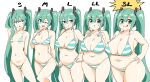  1girl :q alternate_body_size alternate_breast_size aqua_eyes aqua_hair arm_behind_back bikini blush breasts chart closed_mouth collarbone commentary_request cowboy_shot dot_nose hair_between_eyes hair_ornament hands_on_own_hips hatsune_miku highres huge_breasts jaggy_lines jitome large_breasts lineup long_hair looking_at_viewer medium_breasts multiple_views navel one_eye_closed open_mouth parted_lips plump sanpaku simple_background size_difference small_breasts split_mouth string_bikini striped striped_bikini sweatdrop swimsuit tareme tenten_(chan4545) thick_thighs thighs tongue tongue_out twintails variations very_long_hair vocaloid white_background 
