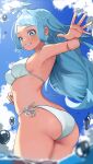  1girl absurdres ass bikini blue_eyes blue_hair blue_sky boku_no_hero_academia breasts cloud day floating_hair from_behind grin hadou_nejire highres long_hair looking_at_viewer looking_back medium_breasts open_hand outdoors sky smile solo swimsuit wading water white_bikini zd_(pixiv6210083) 