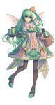  1girl absurdres adapted_costume aged_up apron basket bow center_frills collar collared_dress commentary daiyousei dated dress drink elbow_gloves fairy_wings food frilled_collar frilled_dress frills gloves green_dress green_eyes green_footwear green_hair hair_bow highres holding holding_food mechrailgun necktie pantyhose simple_background smile solo touhou tray white_background wings yellow_bow yellow_necktie 