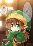  barrel brown_hair child clothed clothing cute_fangs digital_media_(artwork) elf english_text female flat_chested gloves green_cap green_clothing green_gloves green_handwear hair handwear hat headgear headwear hi_res humanoid humanoid_pointy_ears kso light_body light_skin looking_at_viewer not_furry phrygian_cap solo speech_bubble tankard text young 