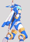  1girl android ass blue_eyes boots grey_background helmet highres holding holding_polearm holding_weapon kneeling leviathan_(mega_man) looking_ahead looking_to_the_side mega_man_(series) mega_man_x_(series) mega_man_x_dive mega_man_zero open_mouth polearm robot robot_girl simple_background solo spear thigh_boots thighhighs toes user_xset7482 weapon 