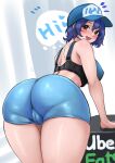  1girl aqua_shorts ass ass_focus baseball_cap blue_hair blush brand_name_imitation breasts c_(theta) cameltoe dark_blue_hair english_text hat heart highres idolmaster idolmaster_million_live! large_breasts leaning_forward looking_at_viewer looking_back notice_lines shorts smile solo spoken_heart thick_thighs thighs toyokawa_fuka uber_eats 