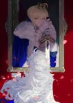  1boy 1girl absurdres ahoge armor artoria_pendragon_(fate) blonde_hair blue_cape braid braided_bun cape closed_mouth crown excalibur_(fate/stay_night) fate/grand_order fate/stay_night fate_(series) fur-trimmed_cape fur_trim gauntlets green_eyes hair_bun highres holding holding_sword holding_weapon light_frown long_hair long_sleeves looking_at_viewer merlin_(fate) mini_crown painting_(object) petals phanta red_background saber serious short_hair single_hair_bun sword weapon white_hair 