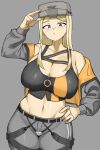  1girl absurdres arm_up belt black_belt black_tank_top blonde_hair blue_eyes blush breasts centi_(nikke) chinese_commentary cleavage collarbone commentary crop_top goddess_of_victory:_nikke goma. grey_headwear grey_jacket grey_pants groin hand_on_own_hip helmet highres jacket large_breasts long_sleeves looking_at_viewer midriff navel off_shoulder open_clothes open_jacket orange_jacket pants parted_bangs sidelocks solo standing tank_top tight_clothes tight_pants two-sided_fabric two-sided_jacket zipper_pull_tab 