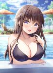  1girl :d bare_arms bare_shoulders bikini black_bikini blue_sky blush breasts brown_hair chair cleavage cloud collarbone commentary_request day hand_up large_breasts lifted_by_self long_hair looking_at_viewer lounge_chair murasaki_(murasakiiro_no_yoru) o-ring o-ring_bikini o-ring_top original outdoors parasol pool purple_eyes sky smile solo strap_lift swimsuit umbrella water 