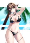  1girl anchor_ornament bikini black_bikini black_hairband breasts brown_hair commentary_request commission cowboy_shot criss-cross_halter green_eyes hachiware_(8ware63) hairband halterneck head_tilt highres kantai_collection large_breasts mutsu_(kancolle) palm_tree parted_lips short_hair skeb_commission solo swimsuit tree 