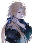  1boy aglovale_(granblue_fantasy) black_shirt blonde_hair blue_bow bow frilled_shirt frills granblue_fantasy hair_between_eyes hair_bow hair_over_shoulder hand_up iwashi_(morpho000) long_hair looking_at_viewer low_ponytail male_focus official_alternate_costume red_eyes shirt simple_background smile solo upper_body vest white_background white_vest 