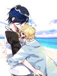  1boy 1girl aegis_(persona) android beach black_sleeves blonde_hair blue_dress blue_hair dress elulit2 grey_eyes hair_over_one_eye headphones headphones_around_neck highres hug long_sleeves ocean persona persona_3 raglan_sleeves robot_ears sand shirt short_hair short_sleeves sweatdrop white_shirt yuuki_makoto 