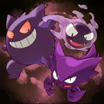  abstract_background ambiguous_gender cotora cute_fangs evolutionary_family featureless_crotch floating_hands front_view full-length_portrait gastly generation_1_pokemon gengar ghost grin group haunter humanoid looking_at_viewer nintendo not_furry open_mouth open_smile orange_sclera plantigrade pokemon pokemon_(species) portrait pupils purple_body simple_background slit_pupils smile sphere_creature spirit 