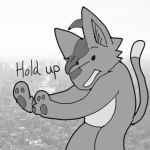 1:1 canid canine chimera felid greyscale hair hands_forward himo himo_peter0409 hold_up male mammal meme monochrome open_mouth pawpads solo text 