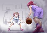 2girls aida_mana artist_name ball basketball basketball_court basketball_hoop basketball_jersey basketball_uniform brown_hair commentary dated delicious_party_precure dokidoki!_precure hair_ribbon heel_up highres holding holding_ball leaning_forward looking_at_another multiple_girls nagomi_yui one_side_up parted_lips pink_footwear pink_ribbon precure purple_eyes purple_shirt purple_shorts purple_socks red_hair ribbon satou_yasu series_connection shadow shirt shoes shorts signature sleeveless sleeveless_shirt sneakers socks sportswear squatting standing sweatdrop two_side_up white_shirt white_shorts white_socks 