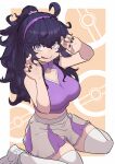  1girl @_@ absurdres alternate_breast_size alternate_costume black_hair black_nails border breasts cheerleader cleavage_cutout clothing_cutout commentary_request curly_hair eyelashes hair_between_eyes hair_ornament hair_scrunchie hairband hands_up hex_maniac_(pokemon) highres jaguarsee large_breasts long_hair looking_at_viewer nail_polish poke_ball_symbol pokemon pokemon_(game) pokemon_xy ponytail purple_hairband purple_shirt scrunchie shirt shoes sitting skirt sleeveless sleeveless_shirt smile sneakers solo thighhighs white_border 