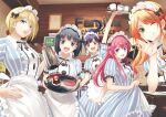  5girls black_hair blonde_hair blue_eyes blue_hair breasts brown_hair cafe coffee_cup coffee_pot cup disposable_cup green_eyes hououji_akane indoors large_breasts long_hair maid maid_headdress makuzawa_ouka medium_breasts medium_hair megami_no_kafeterasu multiple_girls ono_shiragiku open_mouth purple_eyes red_hair seo_kouji short_hair tsukishima_riho tsuruga_ami 