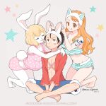  1boy 2girls :q animal_ears arm_tattoo barefoot bikini black_hair blonde_hair blue_pants carrot_(one_piece) cat_ears closed_eyes feet hairband long_hair long_sleeves monkey_d._luffy multiple_girls nami_(one_piece) navel nightcat one_piece open_clothes open_shirt orange_hair pants pointy_ears rabbit_ears red_shirt scar scar_on_face shirt smile stomach striped striped_bikini swimsuit tattoo toes tongue tongue_out 