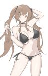  1girl absurdres arm_up bare_shoulders bikini black_bikini breasts brown_eyes brown_hair ff_frbb122 girls&#039;_frontline hair_ornament hairclip highres large_breasts long_hair looking_at_viewer navel scar scar_across_eye scar_on_face side-tie_bikini_bottom simple_background smile solo string_bikini swimsuit twintails ump9_(girls&#039;_frontline) 