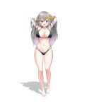  1girl absurdres areola_slip armpits arms_behind_head arms_up bare_arms bare_legs bare_shoulders barefoot bikini black_bikini breasts brown_eyes cleavage empress_(last_origin) full_body grey_hair halterneck highres koy_(4767269) large_breasts last_origin long_hair looking_at_viewer multi-strapped_bikini multicolored_hair navel open_mouth shadow simple_background smile solo standing stomach streaked_hair string_bikini swimsuit thighs wet white_background 