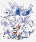  1boy black_hair blue_pants fenyon hand_on_ground highres holding holding_poke_ball horns monster nidoking pants poke_ball pokemon pokemon_(creature) red_(pokemon) red_footwear red_headwear single_horn teeth white_background 