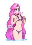 1girl alternate_costume artist_name bare_arms bare_shoulders bikini bikini_pull blue_eyes blush blushyspicy breast_conscious breasts clothes_pull collarbone cowboy_shot flying_sweatdrops league_of_legends long_hair looking_down navel pink_hair purple_bikini sad seraphine_(league_of_legends) shiny_skin small_breasts solo star_(symbol) stomach swimsuit tearing_up transparent_background very_long_hair wading water 