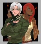  1boy 1girl blue_eyes braid brown_jacket dante_(devil_may_cry) dark-skinned_female dark_skin devil_may_cry_(series) devil_may_cry_2 gloves green_jacket hair_over_one_eye highres jacket lucia_(devil_may_cry) medium_hair outside_border purple_eyes red_hair short_hair sparkle tirtyturtle twitter_username upper_body white_hair 