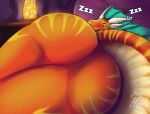 anthro aquatic_dragon big_butt butt dragheti dragon eyelashes female frill_(anatomy) hi_res horn lamp lava_lamp marine markings multi_horn pillow rear_view ressa_(dragheti) sleeping smile solo sound_effects tail tail_aside vowelless vowelless_sound_effect zzz 