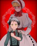 1boy 1girl aqua_shirt black_hair black_nails bleeding blonde_hair blood blood_on_arm bonnet breasts cleavage clenched_hand dress fabricant_100 fabricant_number_100 highres large_breasts long_sleeves red_background red_eyes shirt short_hair sleeve_rolled_up smile suspenders white_dress yakishion417 yao_ashibi yellow_eyes 
