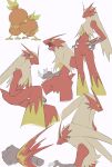  1other ^_^ animal_hands beak bird_tail blaziken blonde_hair blue_eyes body_fur claws clenched_hand closed_eyes closed_mouth colored_sclera commentary cowboy_shot cropped_legs fire flat_color from_side full_body furry hands_on_own_hips highres knee_up legs long_hair multiple_views navel neck_fur open_mouth other_focus pokemon pokemon_(creature) profile red_fur simple_background sitting standing stomach tail takashi_(pixiv_80298118) tongue torchic two-tone_fur u_u white_background yellow_fur yellow_sclera 