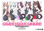  5girls armpits arms_up ass black_one-piece_swimsuit blue_eyes bow braid breasts brown_hair character_name clenched_hands closed_eyes comiket_102 commentary_request competition_swimsuit cowboy_shot ear_covers ear_ornament el_condor_pasa_(umamusume) french_braid golden_generation_(umamusume) grass_wonder_(umamusume) green_bow grey_hair grin hair_between_eyes hair_ornament hairclip hand_on_own_hip king_halo_(umamusume) medium_breasts medium_hair multicolored_hair multiple_girls one-piece_swimsuit one_eye_closed open_mouth ponytail purple_eyes red_eyes seiun_sky_(umamusume) shigino_sohuzi simple_background single_ear_cover small_breasts smile special_week_(umamusume) streaked_hair swimsuit tail tail_through_clothes text_background umamusume white_background white_hair 
