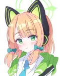  1girl animal_ear_headphones animal_ears blonde_hair blue_archive blue_necktie blush bow closed_mouth collared_shirt fake_animal_ears green_bow green_eyes green_halo hair_bow halo hanozuku headphones jacket looking_at_viewer midori_(blue_archive) necktie portrait shirt short_hair simple_background smile solo two-sided_fabric two-sided_jacket white_background white_jacket white_shirt 