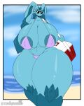  absurd_res anthro areola beach big_breasts bikini blue_areola blue_body breasts clothing cooler eeveelution eyewear female generation_4_pokemon glaceon hi_res huge_breasts huge_thighs hybrid_pokemon hyper hyper_thighs lopunny nintendo nipple_outline pokemon pokemon_(species) seaside solo stemingbunbun sunglasses swimwear thick_thighs 