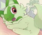  featureless_crotch feral generation_9_pokemon green_body looking_at_viewer nintendo one_eye_closed open_mouth pawpads paws pokemon pokemon_(species) purple_eyes raised_tail rumine smile solo sprigatito tail 