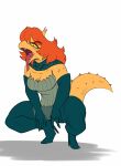  2023 anonymous_artist anthro blush boots breasts cartoon_network cleavage clothed clothing cosma_(ok_k.o.!_lbh) female footwear gaping_mouth hair hi_res high_heeled_boots high_heels lizard ok_k.o.!_let&#039;s_be_heroes open_mouth orange_body orange_scales red_hair reptile scales scalie sharp_teeth simple_background solo teeth tongue tongue_out white_background yellow_sclera 