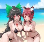  2girls absurdres animal_ear_fluff animal_ears bare_shoulders barefoot beach bikini black_bikini black_bow black_hair blue_sky blunt_bangs blush bow braid breasts cat_ears cat_girl cleavage cloud cloudy_sky collarbone day green_bow hair_between_eyes hair_bow hand_on_own_chest highres hill kaenbyou_rin kneeling large_breasts long_eyelashes long_hair looking_at_viewer multiple_girls nail_polish navel ocean open_mouth outdoors pointy_ears ponytail red_bikini red_eyes red_hair reiuji_utsuho sand sitting sky stomach sugar_you swimsuit thighs tongue touhou twin_braids water 