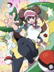  1girl absurdres aruke_(gter7727) black_pantyhose blue_eyes breasts brown_hair double_bun hair_bun highres open_mouth pantyhose pantyhose_under_shorts poke_ball poke_ball_(basic) pokemon pokemon_bw2 raglan_sleeves red_eyes rosa_(pokemon) serperior shorts star_(symbol) visor_cap xtransceiver 