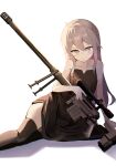  1girl absurdres arm_support black_dress black_thighhighs blush bolt_action cheytac_m200 collarbone dress girls&#039;_frontline grey_hair gun hair_between_eyes highres holding holding_weapon long_hair looking_at_viewer m200_(girls&#039;_frontline) m200_(war_correspondent)_(girls&#039;_frontline) purple_eyes rifle sitting sniper_rifle t_back17005 thighhighs weapon white_background 