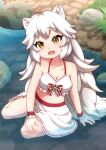  1girl alternate_costume animal_ears arctic_fox_(kemono_friends) bare_shoulders bikini blush collarbone ev_(kemomimizuku) extra_ears fox_ears fox_girl fox_tail frilled_bikini frills in_water kemono_friends kemono_friends_3 long_hair looking_at_viewer orange_eyes sarong sitting smile solo swimsuit tail white_bikini white_hair white_sarong wrist_cuffs 