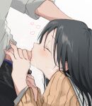  1boy 1girl black_hair blush censored closed_eyes cum cum_in_mouth cum_overflow ejaculation fellatio heart hetero mosaic_censoring nonoyama oral original penis_grab simple_background solo_focus sweat white_background 