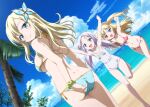  3girls :d adjusting_clothes adjusting_swimsuit arms_up ass back barefoot beach bikini blonde_hair blue_bikini blue_eyes blue_sky boku_wa_tomodachi_ga_sukunai breasts butterfly_hair_ornament closed_mouth day dimples_of_venus dutch_angle fang front-tie_bikini_top front-tie_top hair_ornament halterneck hasegawa_kobato heterochromia kashiwazaki_sena large_breasts leg_up long_hair looking_back multiple_girls name_tag navel ocean official_art one-piece_swimsuit ookuma_takaharu open_mouth outdoors outstretched_arms palm_tree red_bikini red_eyes school_swimsuit scrunchie side-tie_bikini_bottom sky small_breasts smile spread_arms string_bikini swimsuit takayama_maria tree two_side_up watanabe_yoshihiro white_hair white_one-piece_swimsuit 