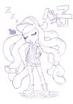  1girl absurdres afuron bangle baseball_cap blunt_bangs boots bracelet character_name closed_eyes commentary_request drooling fish flat_chest full_body hands_on_own_hips harmony&#039;s_clownfish_(splatoon) harmony_(splatoon) hat highres jewelry legs light_blush long_hair low-tied_long_hair miniskirt monochrome open_mouth pleated_skirt shirt short_sleeves sidelocks simple_background sketch skirt sleeping solo_focus splatoon_(series) splatoon_3 standing striped striped_headwear tentacle_hair tentacles thighs translated u_u very_long_hair white_background zzz 