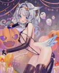  absurdres bare_shoulders bat_(animal) candle commission elbow_gloves feathered_wings ghost gloves hair_ornament halloween halloween_dare_succubus_lingerie highres indie_virtual_youtuber jack-o&#039;-lantern lingerie looking_at_viewer mikazuki_silvi nekoneko_sansho open_mouth owl_ears owl_girl skeb_commission slingshot_swimsuit swimsuit thighhighs twintails underwear virtual_youtuber wings 