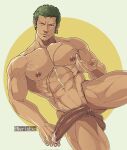  1boy abs alternate_pectoral_size bara come_hither feet_out_of_frame girthy_penis green_hair half-erect highres keo_senri_(neriseko) large_pectorals large_penis long_sideburns looking_at_viewer male_focus muscular muscular_male navel nipples one_piece pectorals penis roronoa_zoro seductive_smile short_hair sideburns smile solo stomach thick_thighs thighs 