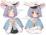  1boy 1girl absurdres animal_ears black_jacket blue_capelet capelet embarrassed grey_hair headpat highres jacket kashiwa_kona long_sleeves mouse_ears multiple_views nazrin red_eyes shirt short_hair touhou translation_request white_background white_shirt 