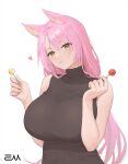 1girl animal_ears bare_arms bare_shoulders breasts brown_eyes brown_sweater candy commission food hands_up heart highres holding holding_candy holding_food holding_lollipop large_breasts lollipop long_hair looking_at_viewer original pink_hair ribbed_sweater simple_background sleeveless sleeveless_sweater sleeveless_turtleneck smile solo sweater taesseung turtleneck upper_body white_background 