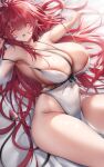  1girl absurdres areola_slip been breasts closed_eyes covered_navel demon_tail dress elesis_(elsword) elsword highres huge_breasts long_hair lying on_back open_mouth pointy_ears red_hair saliva saliva_trail sleeping solo tail very_long_hair 