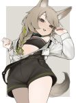  1girl :d animal_ear_fluff animal_ears arknights bare_shoulders beanstalk_(arknights) black_sports_bra blue_shorts blush braid breasts brown_eyes brown_hair collar cowboy_shot e_draw_paint from_below green_ribbon grey_background hair_ribbon highres infection_monitor_(arknights) long_hair long_sleeves looking_at_viewer looking_down off_shoulder open_clothes open_mouth open_shirt ribbon shirt shorts simple_background single_braid small_breasts smile solo sports_bra suspender_shorts suspenders tail white_shirt 