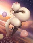  2023 animate_inanimate anthro armwear balloon big_breasts big_butt breasts butt clothing curvy_figure dragon elbow_gloves female floating gloves hand_on_breast hand_on_stomach handwear horn huge_breasts huge_butt hyper inflatable inflation legwear living_inflatable nipples non-mammal_breasts open_mouth pink_eyes scalie smile solo tara_(taranima) taranima thick_thighs thigh_highs white_body wide_hips 