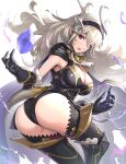  1girl armor ascot ass ass_focus back blush breasts cape cleavage corrin_(female)_(fire_emblem) corrin_(fire_emblem) dragon_girl dragon_horns dragonstone fire_emblem fire_emblem_fates frills from_behind gloves gonzarez hair_between_eyes hairband highres horns huge_ass large_breasts long_hair looking_at_viewer looking_back official_alternate_costume open_mouth pointy_ears red_eyes solo thick_thighs thighhighs thighs white_hair 