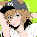  1girl alternate_costume animal_ears armpits arms_up artist_name baseball_cap black_headwear blush brown_hair closed_mouth commentary_request ears_through_headwear green_background green_eyes hair_between_eyes hat horse_ears horse_girl looking_at_viewer mr._c.b._(umamusume) mukakin portrait smile solo tongue tongue_out umamusume 